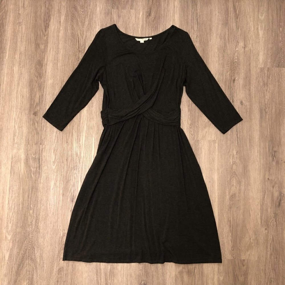 Boden Midi Dress Women's Size 12 L Crossover Wrap Front Charcoal Gray 3/4 Sleeve